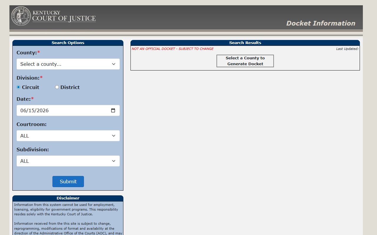 Carlisle County court docket search fields after arrest