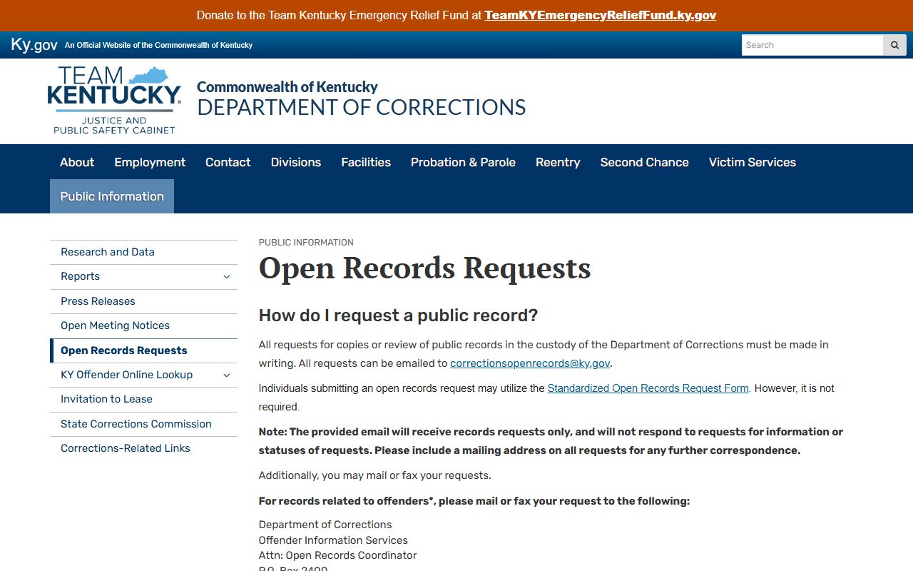 Kentucky DOC open records page for Carlisle County booking photo requests